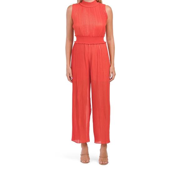 NWOT Nanette Lepore Mock Neck Pleaded Stretchy Waist Jumpsuit Coral Women’s 6 - Picture 1 of 10